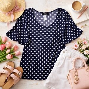 Star Vixen Navy Blue Polka Dot Flutter Sleeve Top Plus Size 2X